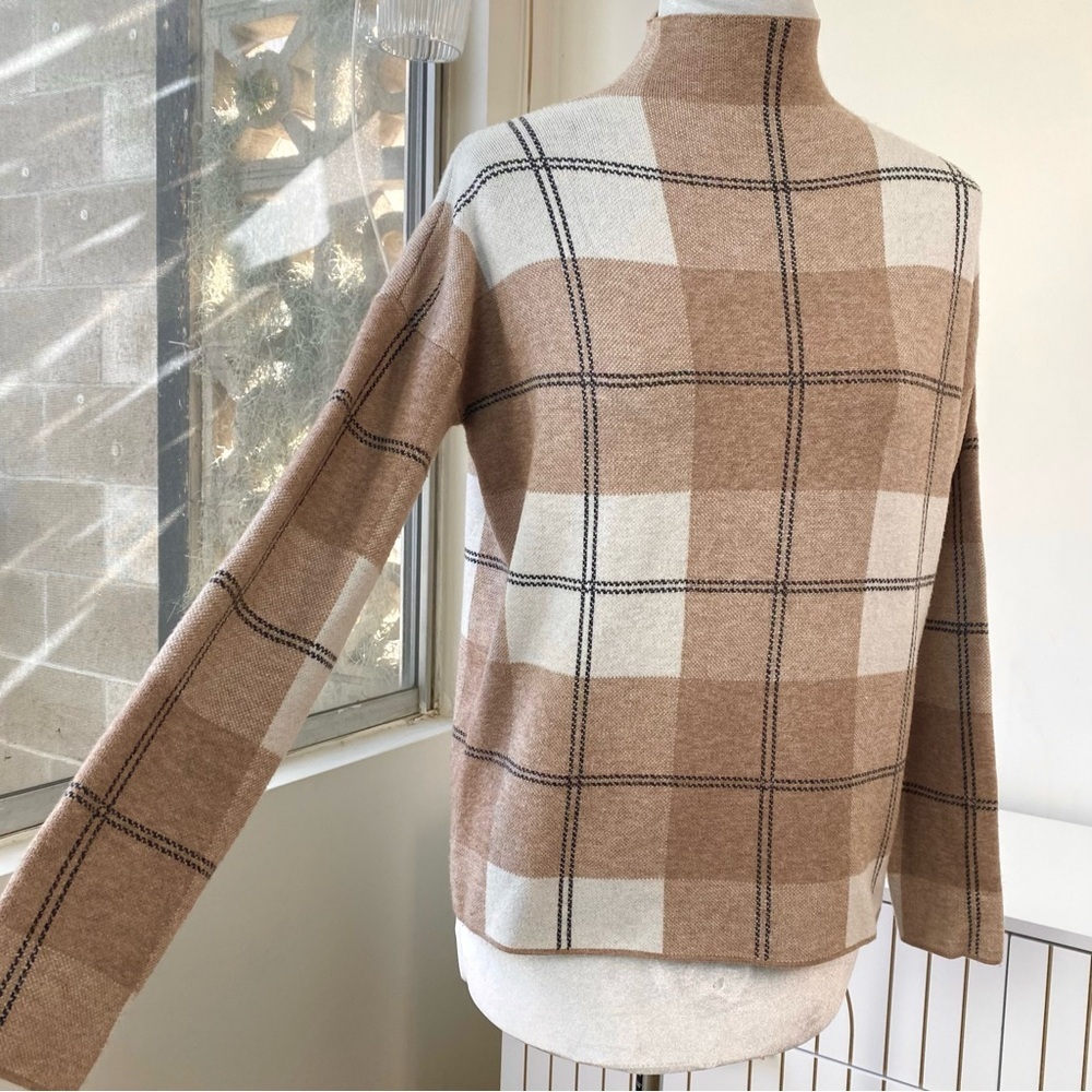 Rachel Zoe Neutral Plaid Mock Neck Sweater Cozy Winter Minimalist Knit, Size M - Picture 5 of 8